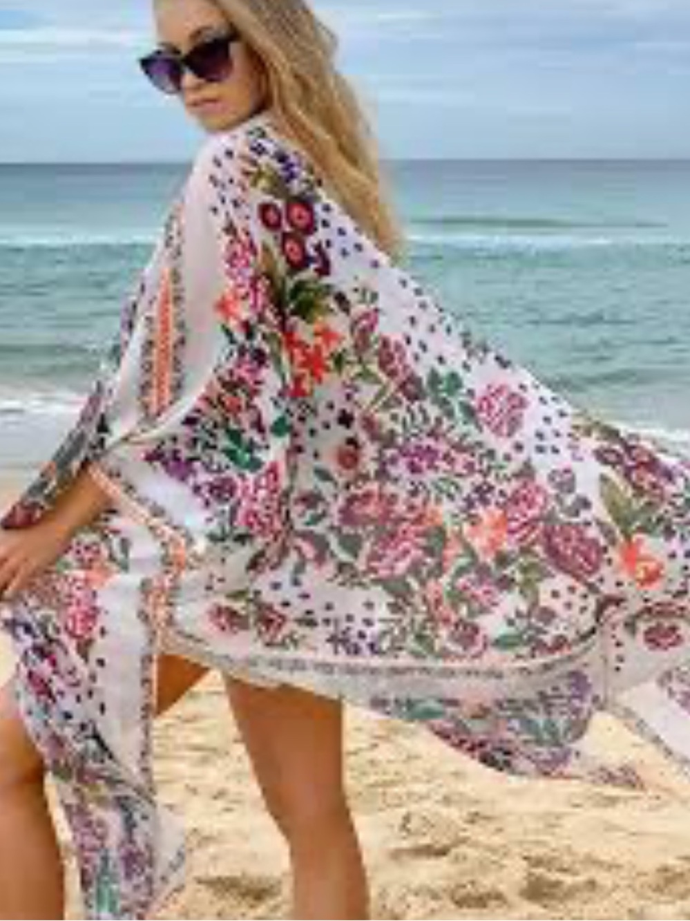 Floral Polka Dot Open-Front Kimono- White with Pink & Green - Picture 3 of 9